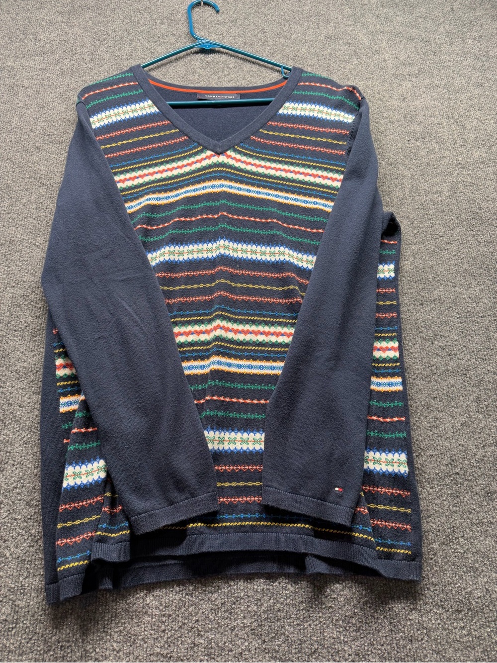 Tommy Hilfiger Navy V-Neck Sweater with Multicolor Fair Isle Stripes
